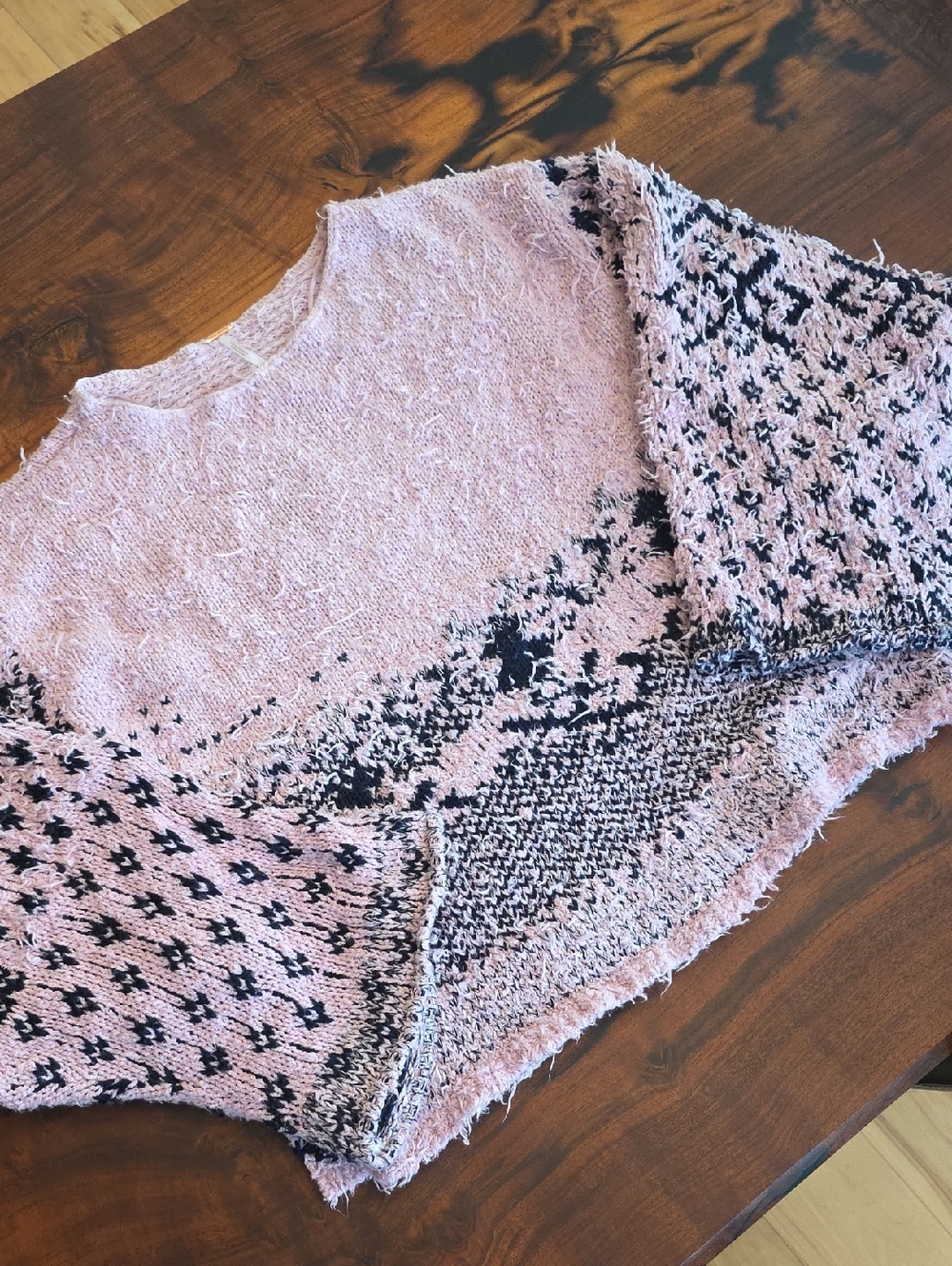 Free People Pink and Black Mixed-Knit Scoop Neck Sweater